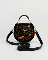 Fox & Owl Embroidered Black Top Handle Saddle Bag