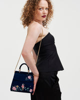 Rosy Posy Embroidered Blue Mini Top Handle Tote