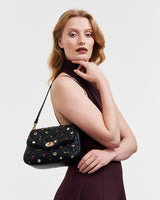 Black Quilted Floral Motif Embroidered Crossbody