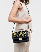 Black Botanical Embroidered Foldover Bag