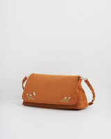 Tan Faux Suede Floral Embroidered Shoulder Bag