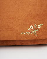 Tan Faux Suede Floral Embroidered Shoulder Bag