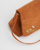 Tan Faux Suede Floral Embroidered Shoulder Bag