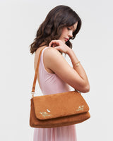 Tan Faux Suede Floral Embroidered Shoulder Bag