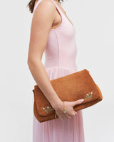 Tan Faux Suede Floral Embroidered Shoulder Bag