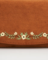 Tan Faux Suede Floral Embroidered Purse