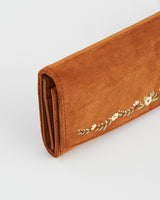 Tan Faux Suede Floral Embroidered Purse