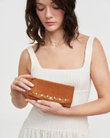 Tan Faux Suede Floral Embroidered Purse