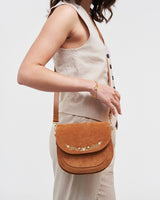Tan Faux Suede Floral Embroidered Saddle Bag