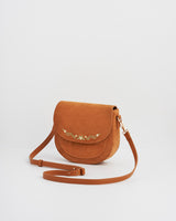 Tan Faux Suede Floral Embroidered Saddle Bag
