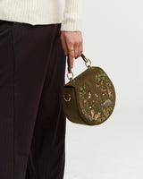 Charlotte Meadow Scene Embroidered Saddle Bag in Khaki Suedette