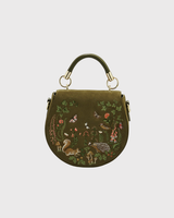 Charlotte Meadow Scene Embroidered Saddle Bag in Khaki Suedette