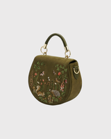Charlotte Meadow Scene Embroidered Saddle Bag in Khaki Suedette