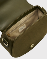Charlotte Meadow Scene Embroidered Saddle Bag in Khaki Suedette
