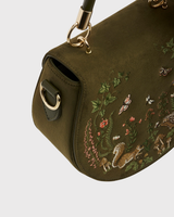 Charlotte Meadow Scene Embroidered Saddle Bag in Khaki Suedette