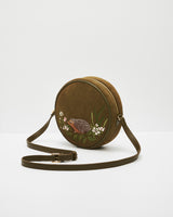 Chloe Hedgehog Embroidered Circle Bag in Khaki Suedette