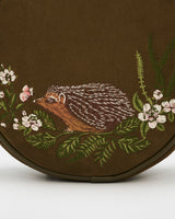 Chloe Hedgehog Embroidered Circle Bag in Khaki Suedette