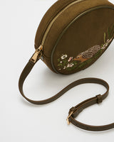 Chloe Hedgehog Embroidered Circle Bag in Khaki Suedette