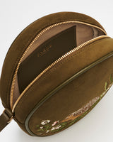Chloe Hedgehog Embroidered Circle Bag in Khaki Suedette