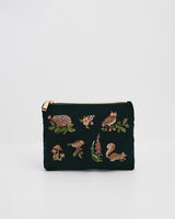Meadow Scene Embroidered Medium Pouch in Forest Green Velvet