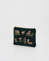 Meadow Scene Embroidered Medium Pouch in Forest Green Velvet