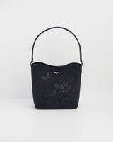 Margot Floral Applique Bucket Bag in Navy Suedette