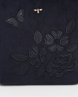 Margot Floral Applique Bucket Bag in Navy Suedette