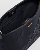 Margot Floral Applique Bucket Bag in Navy Suedette