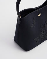 Margot Floral Applique Bucket Bag in Navy Suedette