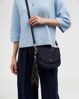 Beth Floral Applique Saddle Bag in Navy Suedette