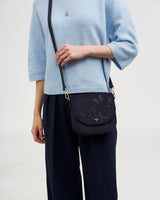 Beth Floral Applique Saddle Bag in Navy Suedette