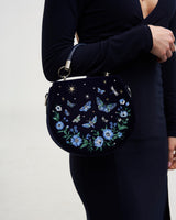 Charlotte Butterfly Embroidered Saddle Bag in Navy Velvet