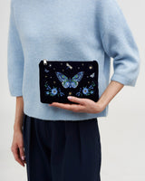 Butterfly Embroidered Pouch in Navy Velvet