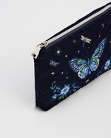 Butterfly Embroidered Pouch in Navy Velvet