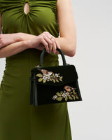 Eliza Wren Embroidered Top Handle Bag in Green Velvet