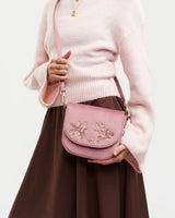 Beth Floral Posy Embroidered Saddle Bag in Rose Pink Velvet