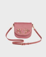 Beth Floral Posy Embroidered Saddle Bag in Rose Pink Velvet