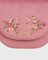 Beth Floral Posy Embroidered Saddle Bag in Rose Pink Velvet