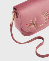 Beth Floral Posy Embroidered Saddle Bag in Rose Pink Velvet