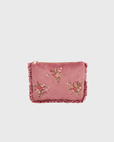 Floral Posy Embroidered Medium Pouch in Rose Pink Velvet