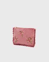 Floral Posy Embroidered Medium Pouch in Rose Pink Velvet