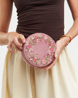 Floral Wreath Embroidered Round Jewellery Box in Rose Pink Velvet