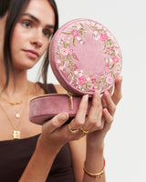 Floral Wreath Embroidered Round Jewellery Box in Rose Pink Velvet