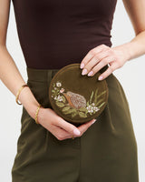 Hedgehog Embroidered Round Jewellery Box in Khaki Suedette