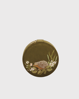 Hedgehog Embroidered Round Jewellery Box in Khaki Suedette