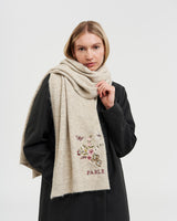 Eve Floral Embroidered Knitted Scarf in Oat Marl