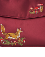 Fox & Mushroom Embroidered Burgundy Satin Tote