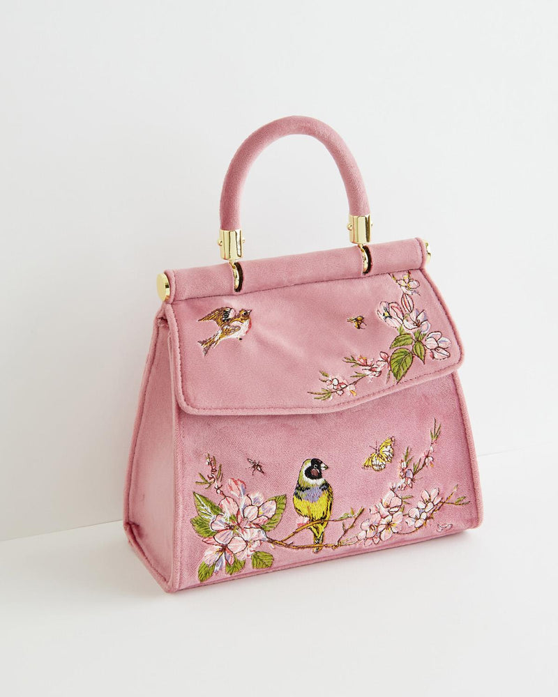 Morning Song Bird Embroidered Mini Pink Tote