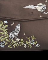 Wolf & Moon Embroidered Charcoal Satin Tote