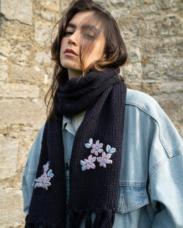 Forget-Me-Not Knitted Navy Scarf